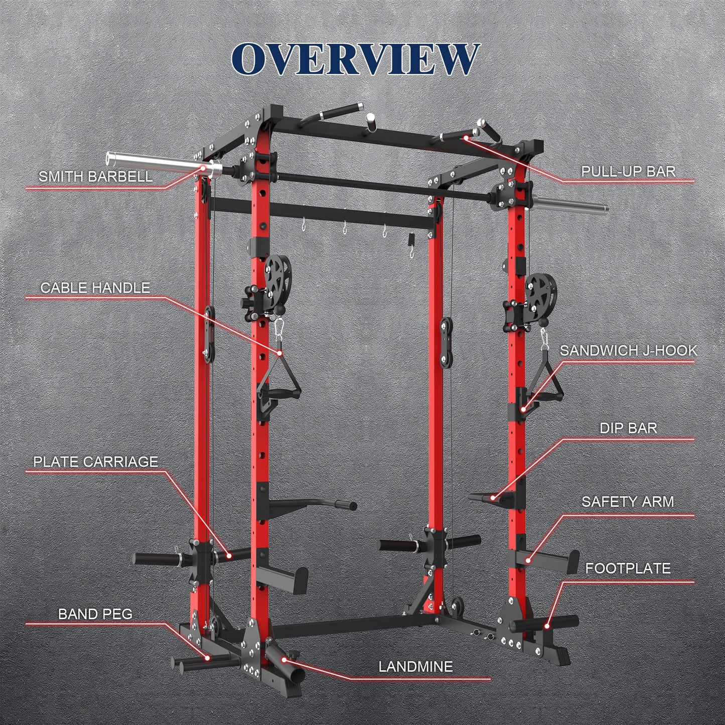 Smith Machine, 5 in 1 Heavy-Duty Squat Rack with Cable Crossover, All-in-One Home Gym Power Rack for Full-Body, Dual 1:1 Pulley System