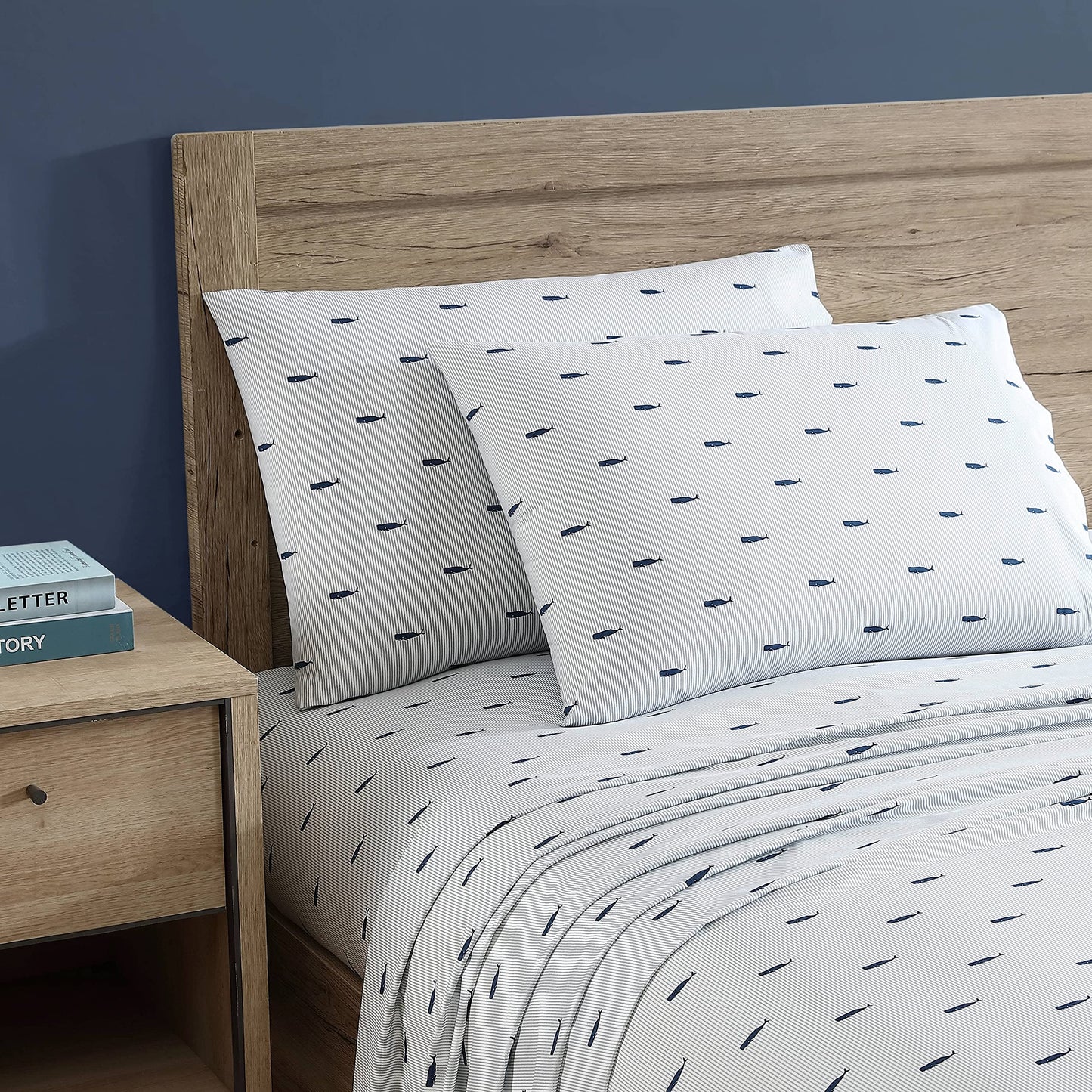 Nautica - Twin XL Size Sheet Set, Crisp Cotton Percale Bedding with Matching Pillowcase, Fully Elastic Fitted Sheet, Deep Pocket, Nautical Room Decor, Breathable All-Season Comfort (Whale Stripe Blue)