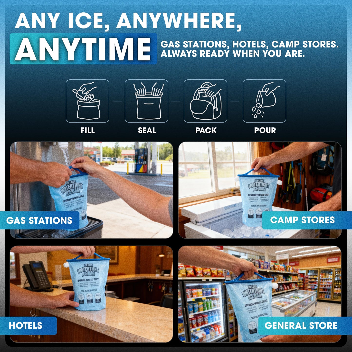 ICE LOCK Reusable Ice Packs for Coolers - Large Leakproof Ice Bags - Refillable with Cubed Ice, No Freezer Needed - 4 Layer Waterproof - Cold & Dry Storage with Drinkable Meltwater - (Pack of 2)