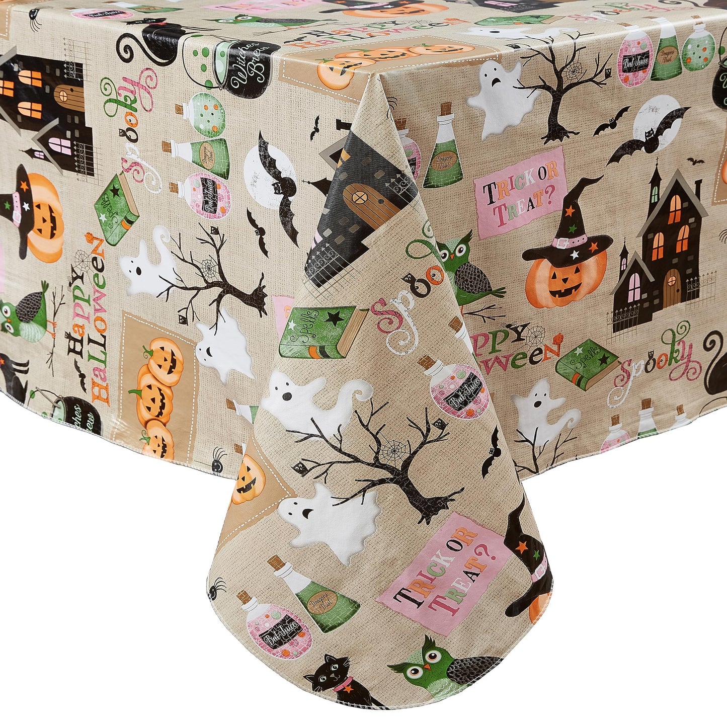 Newbridge Happy Halloween Witches Brew 60 x 84 Inch Oval Vinyl Tablecloth with Flannel Backing, Cute Ghost, Cat and Pumpkin Design, Easy Care Wipe Clean Halloween Table Cover
