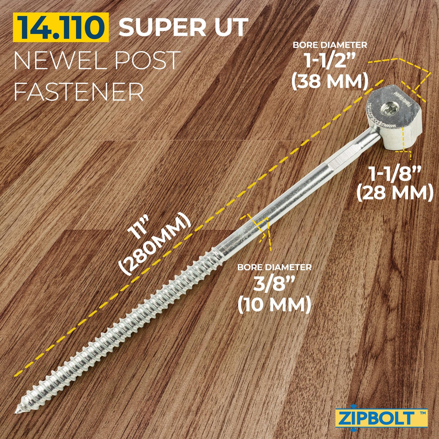 Zipbolt 14.110 Super UT Newel Post Fastener — Quick and Easy Wrench-Free Installation of Staircase Newel Posts, Anchors Post Directly to Wood or Concrete Floor