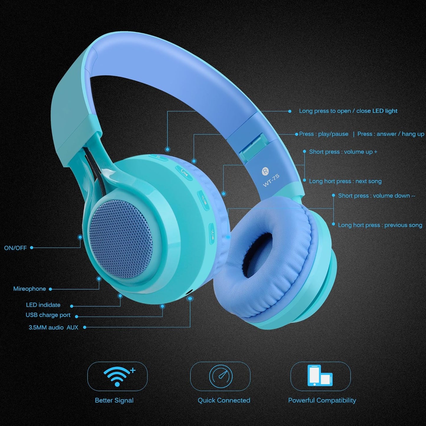 WT-7S Headset Riwbox Kids Bluetooth Headphones, LED Light Up Wireless Foldable Stereo with Microphone and Volume