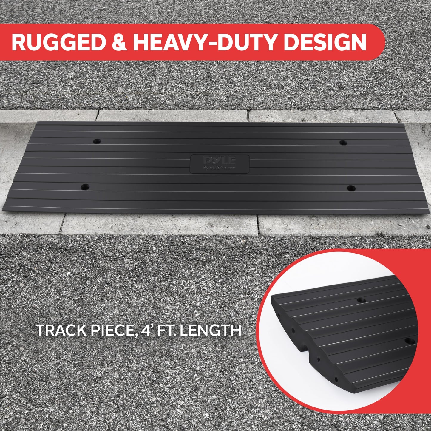 Car Vehicle Curbside Driveway Ramp - 4ft Heavy Duty Rubber Threshold Bridge Track Curb Ramp, for Loading Dock, Garage, Sidewalk, Truck, Scooter, Bike, Motorcycle, Wheelchair Mobility - Pyle PCRBDR21