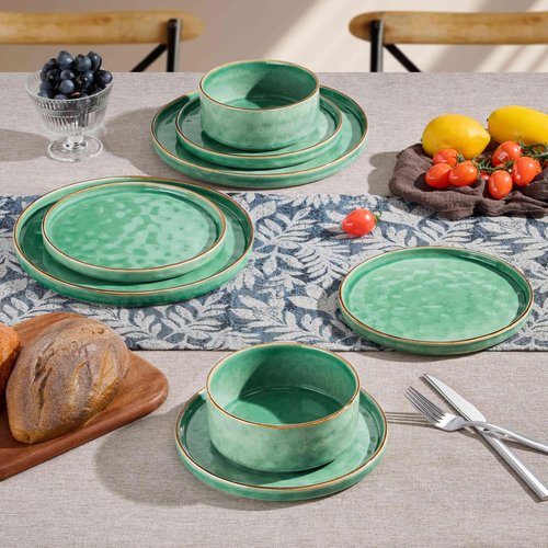 Herogo 18 Pieces Dinnerware Sets, Serving Plates and Bowls Sets for 6, Stoneware Dishes for Dinner, Salad, Cereal, Dishwasher & Microwave Safe, Gemstone Green