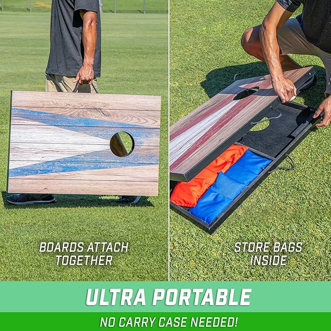GoSports 3 x 2 ft Cornhole Board Set - Portable Outdoor Toss Game for Adults & Family - Includes Set of 8 Bean Bags with Built-in Storage - Choose Your Style