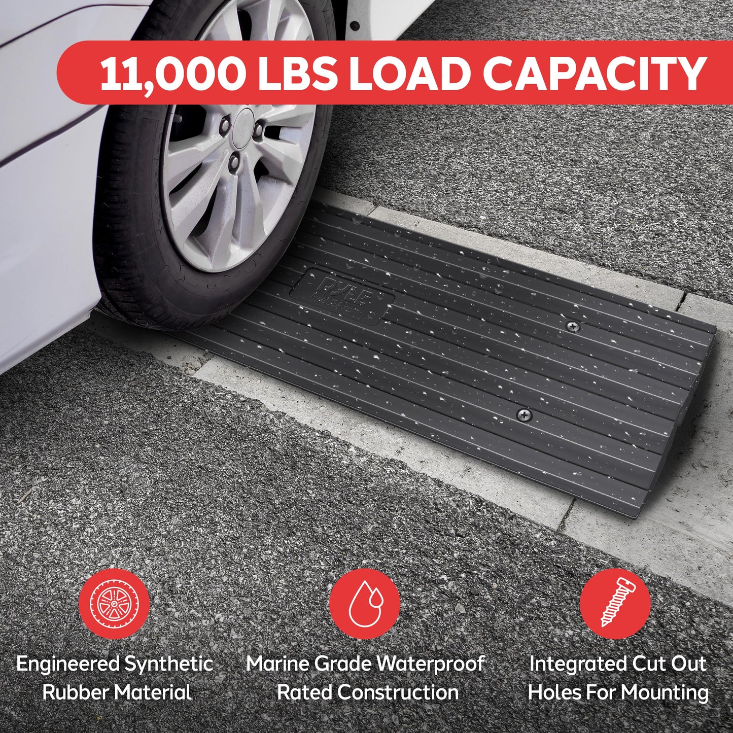 Car Vehicle Curbside Driveway Ramp - 4ft Heavy Duty Rubber Threshold Bridge Track Curb Ramp, for Loading Dock, Garage, Sidewalk, Truck, Scooter, Bike, Motorcycle, Wheelchair Mobility - Pyle PCRBDR21