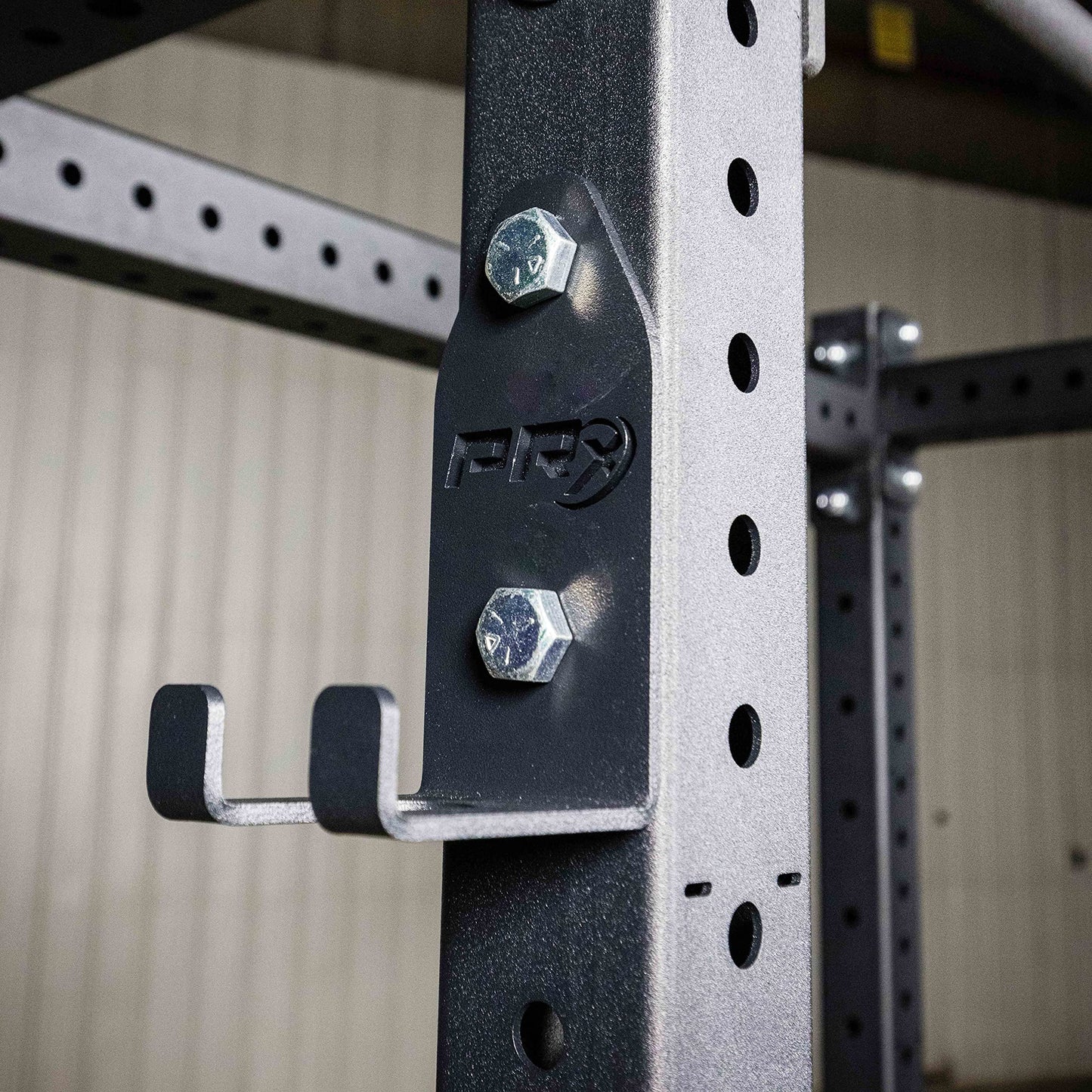 PRx Performance Squat Rack Mounted Olympic Barbell Storage Hanging USA Made Steel Single Bar Holder for 3x3 Uprights with 5/8" Holes, Vertical Squat Rack Attachment