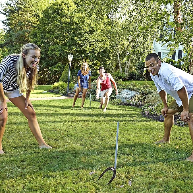 Franklin Sports Horseshoes Sets - Metal Horseshoe Game Sets for Adults + Kids - Official Weight Steel Horseshoes - Beach + Lawn Horseshoes Sets - Sets Include (4) Horseshoes and (2) Ground Stakes