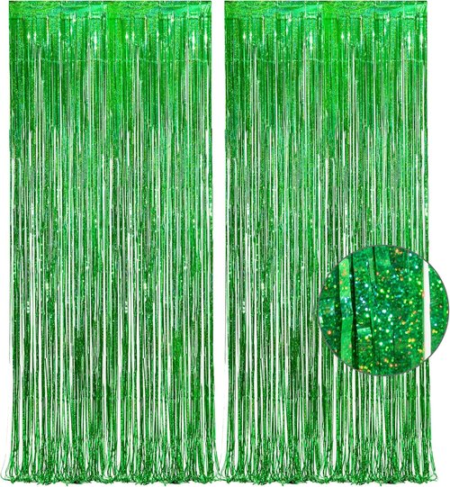 GREATRIL Green Tinsel Curtain Backdrop - Foil Fringe Streamers for Festive Decorations | 2 Packs