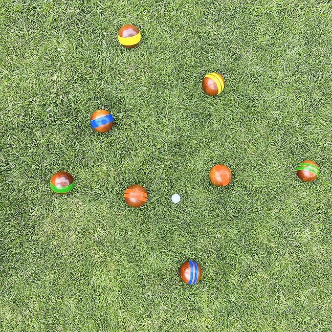 GoSports 100 mm Hardwood Bocce Set with 8 Premium 12 oz Wood Balls, Pallino, Case and Measuring Rope
