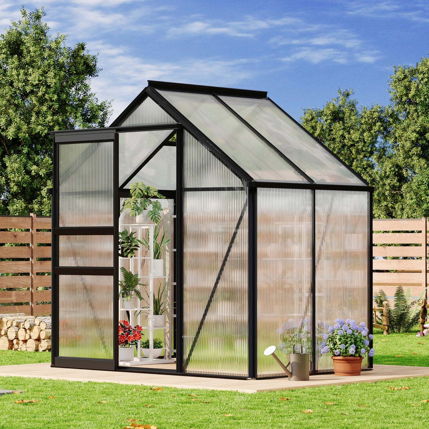 6X4FT Walk-in Polycarbonate Greenhouse, Outdoor Weatherproof Greenhouse Kit with Adjustable Roof Vent, Sliding Door & Gutter Drainage, Portable Green House for Patio Backyard Winter Gardening