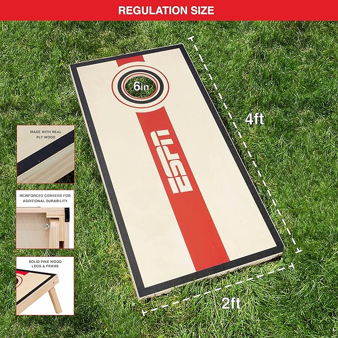 ESPN Solid Wood Cornhole Board Set, Includes Bean Bags and Travel Case, Ideal for Outdoor Games