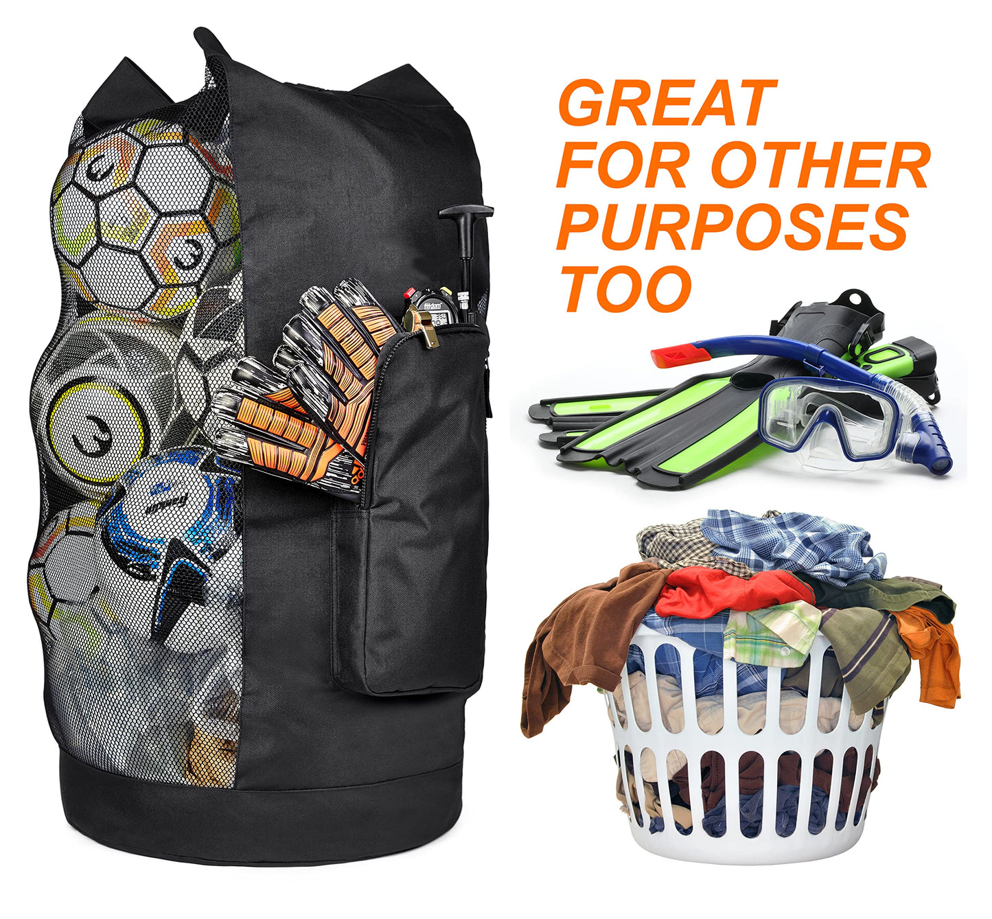 Fitdom Heavy Duty XL Soccer Mesh Equipment Ball Bag w/Adjustable Shoulder Strap Design for Coach. with an Over-Sized Front Pocket for Sporting Accessories. Best for All Outdoor & Water Gears