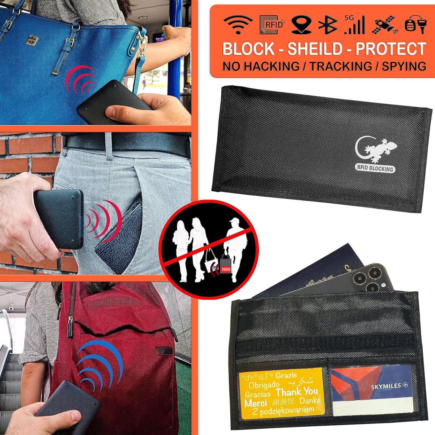 Gecko Travel Tech RFID Faraday Bag - GPS, RFID, and EMP Signal Blocker | Nylon Shielding Pouch for Cell Phone Privacy