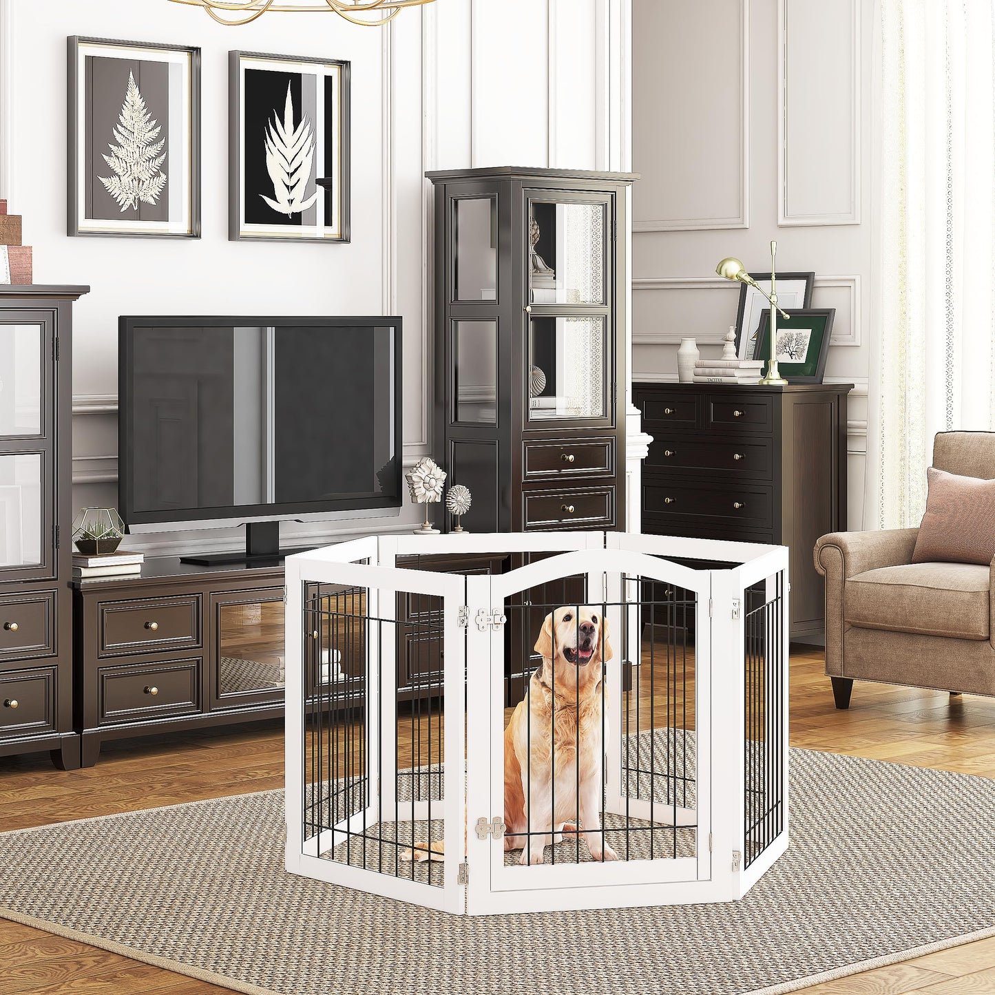 PAWLAND 144-inch Extra Wide 30-inches Tall Dog gate with Door Walk Through, Freestanding Wire Pet Gate for The House, Doorway, Stairs, Pet Puppy Safety Fence, Support Feet Included, White,6 Panels