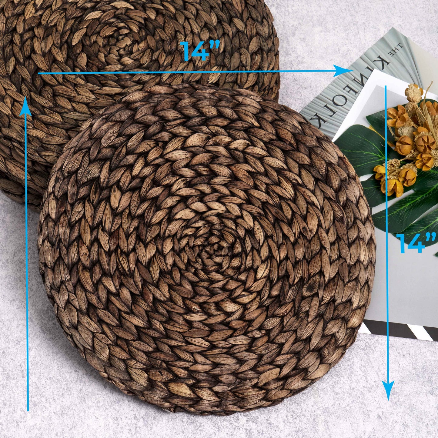 (4 Sizes: 12"-13"-14"-15") BARIEN Rustic Woven Placemats Round Set of 6, Natural Water Hyacinth Weave Placemat for Dining Table, Large Handmade Woven Placemats Heat Resistant Non-Slip (13" - Set 6)