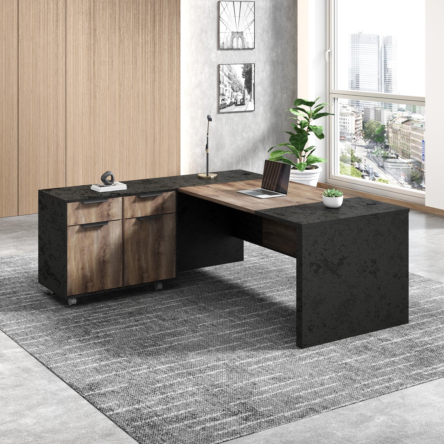 GT BLACK TURNSTONE 70.8” L Shaped Executive Desk with Reversible Mobile Storage Cabinet, Office Desk with Drawers & File Storage, Modern Home Office Desk for Professionals & Business Owners
