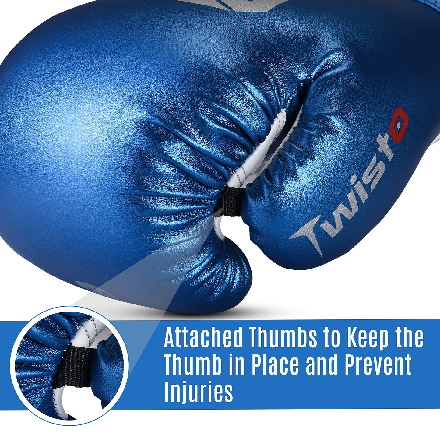 Twisto Boxing Gloves - Pro Training & Sparring, Maya Hide Leather, Muay Thai, MMA, Kickboxing, Men, Women, Adults, Heavy Punching Bag, Focus Mitts, Pads, Gym Workout (Metallic Blue, 16 oz)