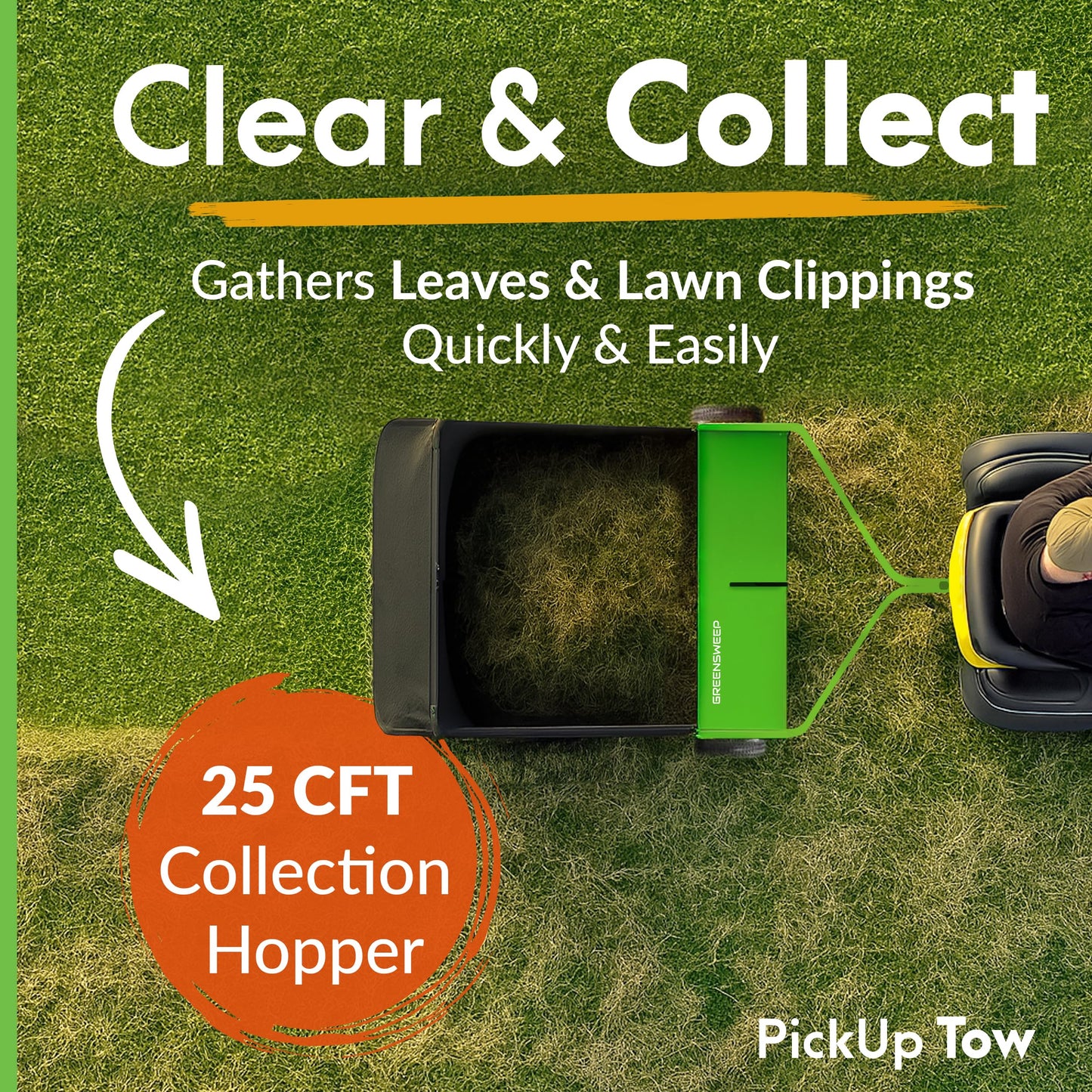 GreenSweep Pickup Tow 42-Inch Lawn Sweeper – Tow-Behind Leaf Collector for Ride-On Mowers – Adjustable Brush Height – Large Grass Catcher Hopper – Garden Debris Sweeper Attachment