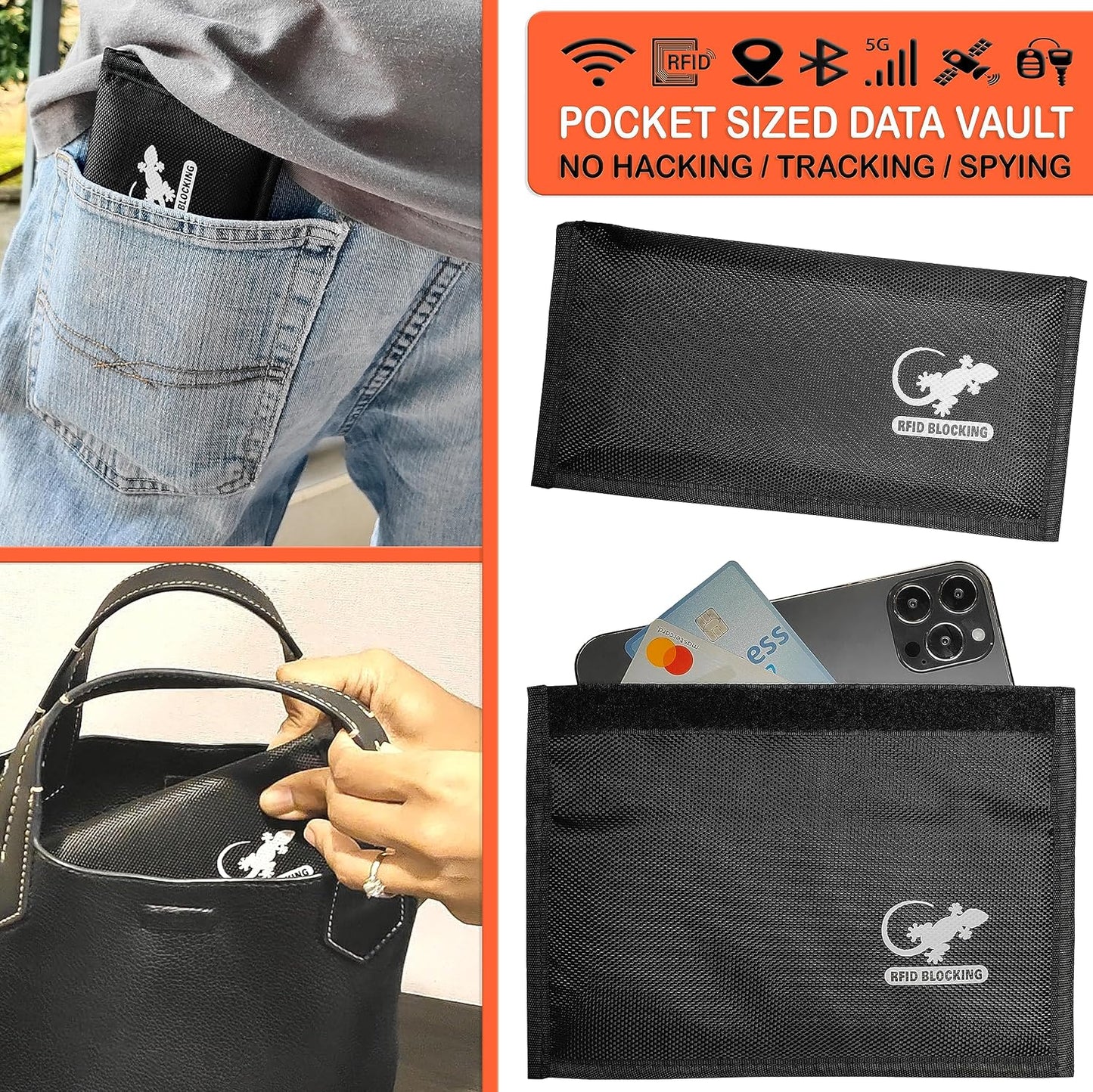 Gecko Travel Tech RFID Faraday Bag - GPS, RFID, and EMP Signal Blocker | Nylon Shielding Pouch for Cell Phone Privacy