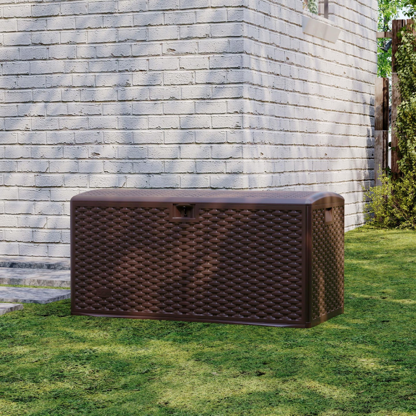 99 Gallon Outdoor Deck Box, HDPE Resin Patio Storage Bench with Lockable Hydraulic Lid, Weatherproof UV-Resistant Storage Chest for Tools, Pool Toys, Cushions,Large Capacity, Brown Wicker Style