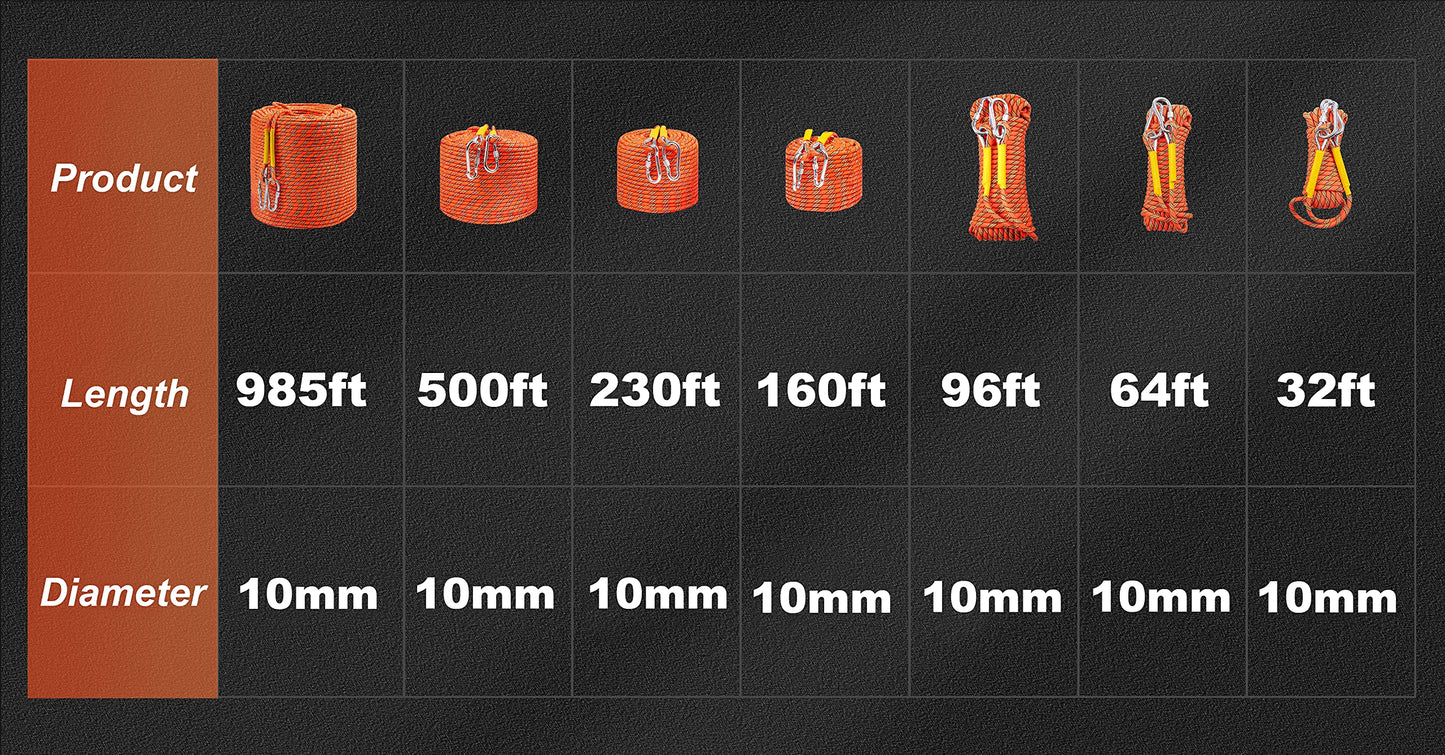 Nice C Climbing Rope, Rescue Rope, Construction Rope, Rock Climbing Rope, Static 10mm 32ft/64ft/96ft/160ft/230ft/500ft/985ft/1000ft with Carry Bag (Orange, 10M(32ft))