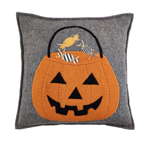 Mud Pie Felt Halloween Pillow, Pumpkin, 14" x 14"