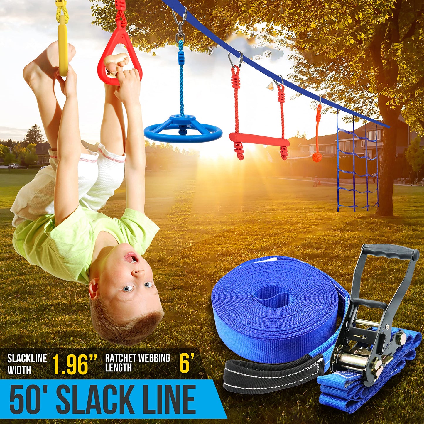 SereneLife Ninja Warrior Slack Line Obstacle Course 50ft Slackline with 18 Jungle Gym Tree Climbing Attachments Backyard Outdoor Play Equipment Set for Kids Outside with Rope Ladder and Accessories