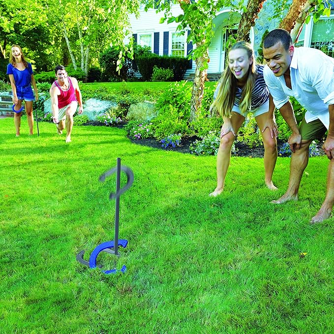 Franklin Sports Horseshoes Sets - Metal Horseshoe Game Sets for Adults + Kids - Official Weight Steel Horseshoes - Beach + Lawn Horseshoes Sets - Sets Include (4) Horseshoes and (2) Ground Stakes